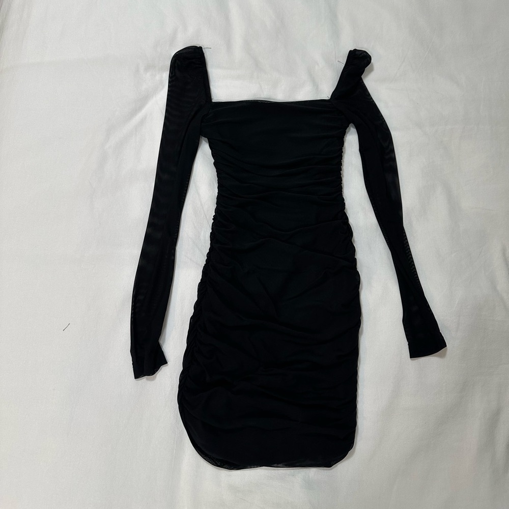 Princess Polly Elegant Black Long  Sleeve mesh ruched midi Dress